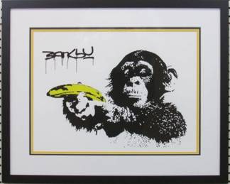 9047 - CHIMP W/BANANA GUN GICLEE, GRAFFITI ARTIST BANKSY 26.5 X 21.5