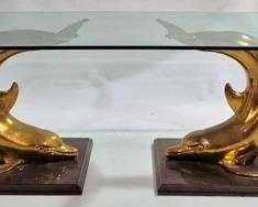 9242 - 1970x Italian Marked Cernese Dolphin Base Table rectangular beveled glass top over 2 cast brass dolphins on wood plinths 32 x 108 x 48