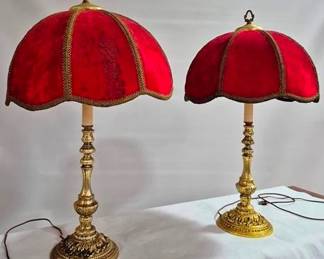 9271 - Pair Vintage Lamps, Red Velvet Shades 33" You are buying a used as-is electric/electronic item. We do not guarantee all components are present, and if it is not expressly stated, it is untested.