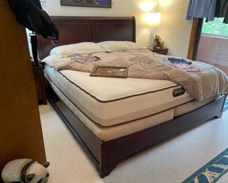 Cherry Stained Wood King Size Bedframe, Beautyrest Truenergy King Mattress