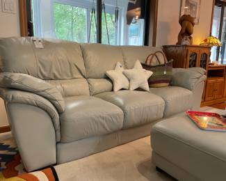 Leather Couch with Ottoman, Star Shaped Pillows Pair