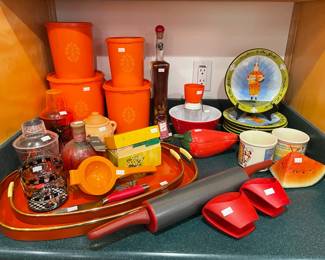 Vintage Canisters, Rolling Pin, Rubber Oven Mitts, Serving Trays