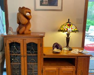 Oak Entertainment Center, Large Figural Wood Sculpture, Bird Bookends, Geode Bookends Pair, Floral Stained Glass Table Lamp