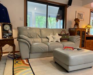 Leather Couch with Ottoman, Side Table, Paperweights, Clock, Star Shaped Pillows Pair