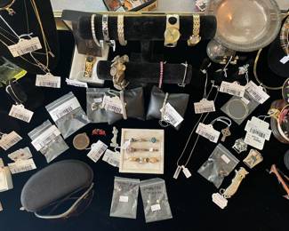 14k Italian Bracelet (BL), 14k Thin Bracelet (BL), Perfumes, 14k Diamond Necklace (BL), 14k Necklaces & Pendant Pair, 14k Purple Stone Earrings (BL), 14k Stones Sphere Earrings (BL), 14k Blue Stone Earrings (BL), Vtg Brass Reaper Pog, Movado Quartz Watch, Vtg Sterling Buckle Bracelet, Sterling Tennis Bracelet, 10k Dual Stone Ring (BL)