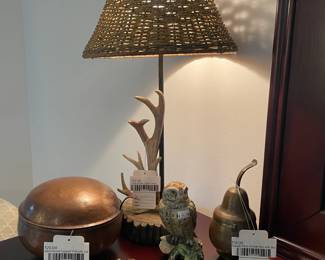 Hammered Copper Pot with Lid, Copper Pear Trinket Box with Bell, Faux Antler Table Lamp