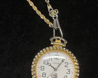Luxury Gold Pl Crystal Pocket Watch w Fob Chain