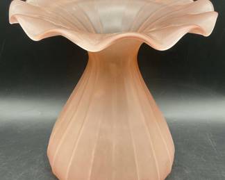 150: Frosted Pink Ruffled Rim Vase, 11 Inch Height