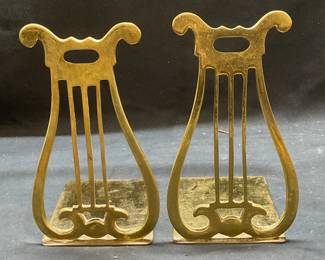 Pair Vintage Brass Lyre Bookends, England
