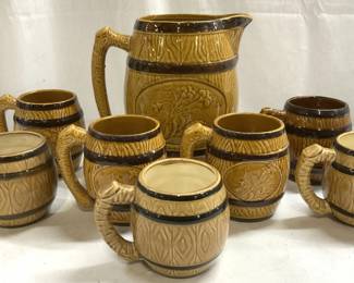Lot 8 Ceramic Barrel Pitcher & Mug Set JAPAN