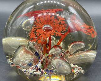 113: XL Handmade Art Glass Floral Motif Paperweight