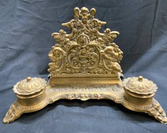193: Antq GATCO Art Nouv Brass Inkwell W Letter Holder