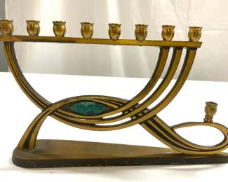 197: DAVAGI ISRAEL 9432 Brass Menorah W Turquoise Stone