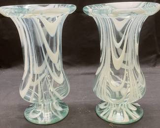 92: Pair Hand Blown Teal & White Art Glass Vases