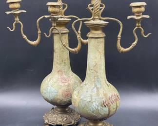 Pair Vintage Hand Painted & Gilt Metal Candelabras