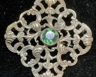 Vtg .830 Silver Reticulated Green Crystal Brooch