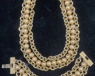 175: Vtg Monet Gold Beaded Chain Necklace & Bracelet