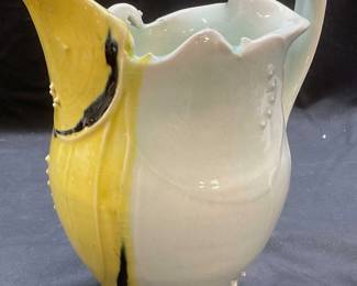 Signed Handmade Blue & Yellow Ceramic Pitcher