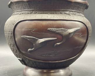 98: Signed Asian Bronze Duck Motif Jardiniere Planter