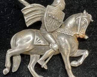 180: Vintage Silver Tone jousting Knight Horse Brooch