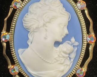 Vintage Gold Tone Crystal Blue Cameo Brooch