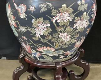 100: Vintage Asian Porcelain Fishbowl Planter W/ Stand