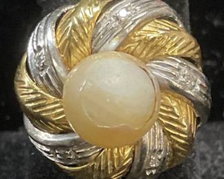 177: Vtg 18k Gold Pearl & Precious Stone Ring, Italy