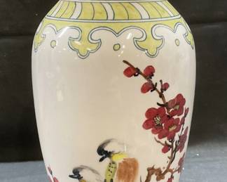 Signed Asian Ceramic White & Green Bird Vase