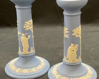 95: Nr Pair Wedgwood Blue Jasperware Candlesticks