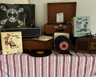Vintage record players and a bunch of h of 45 records