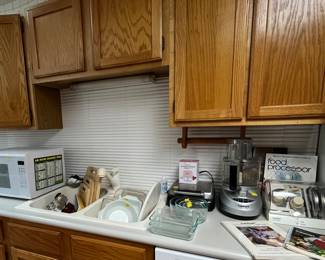 Microwave, glass dishes, cutting boards and more