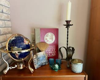 Blue Lapis Inlaid Gemstone Globe with Gold Tone Stand & Compass