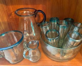 Mexican Style Blown Glass Aqua Blue Ice Bucket & Creamer Pitcher, Mexican Style Blown Glass Pitcher with Cobalt Blue Handle