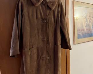 Brown Suede Leather Peacoat with Fur Collar