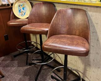 Set of 3 Mid Century Brown Leather Swivel Bar Stools