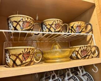 Set of 5 Pottery Soup Mugs with Wheat Design, Amber Glass Citrus Reamer