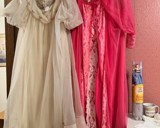 Circa 1960s Sheer Cream/Pink Night Gown, Circa 1950s Sheer Hot Pink Night Gown Set