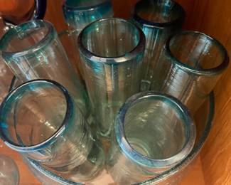 Set of 7 Mexican Style Blown Glass Aqua Blue Rim Goblets