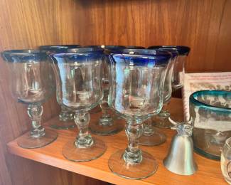 Set of 8 Mexican Style Blown Glass Cobalt Blue Rim Goblets