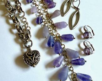 Silvertone Filigree Heart Chain Bracelet, Purple Beaded Necklace, Earrings,