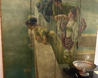 Classical 4-Panel Scalloped Screen with Hand-Painted Maidens and Coastal Scene