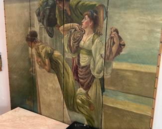Classical 4-Panel Scalloped Screen with Hand-Painted Maidens and Coastal Scene