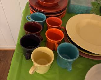 Fiestaware assorted dinner plates, coffee cups, round platters