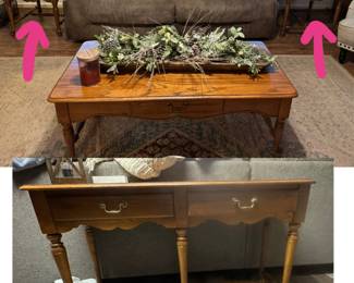 Oak end tables, coffee table, and sofa table