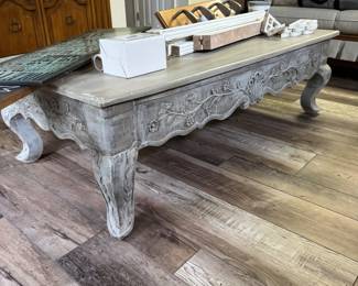 Repurposed shabby chic coffee table used at wedding reception