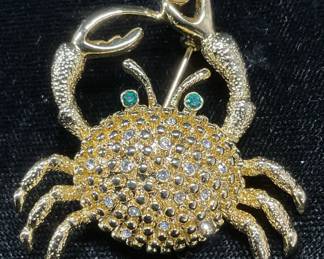 Gold Tn Crystal Faux Pearl Crab Brooch