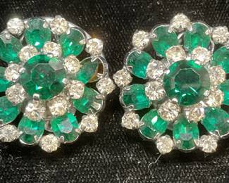 Vtg Silver Tn Green & Colorless Crystal Earrings