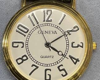 Geneva Gold Tone Black Leather Watch