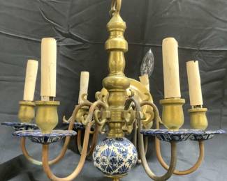 Vintage Brass & Porcelain 6 Arm Chandelier