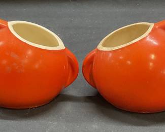 Pair MCM Vtg Red Ceramic Sugar Bowls